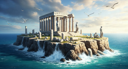 Ruins of a classical Greek temple on a rocky island cliff with crashing waves and marble statues at sunsetの素材