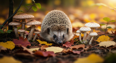 Small hedgehog foraging among fallen autumn leaves and mushrooms in the forestの素材