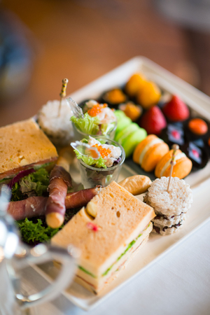 Variety of foods and desserts in cocktail party. Selective focus.の写真素材
