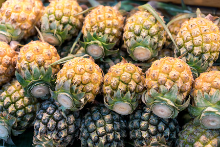 Fresh and ripe pineapples arrangement in fresh market for backgroundの写真素材