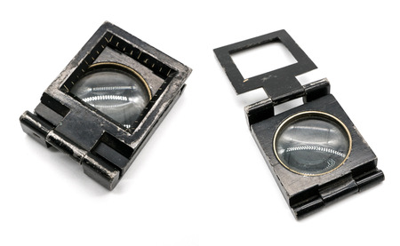 Vintage retro square foldable magnifier glasss isolated on white background.の写真素材