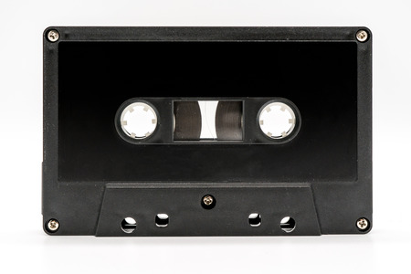 close up of vintage audio tape cassette isolated on white backgroundの写真素材