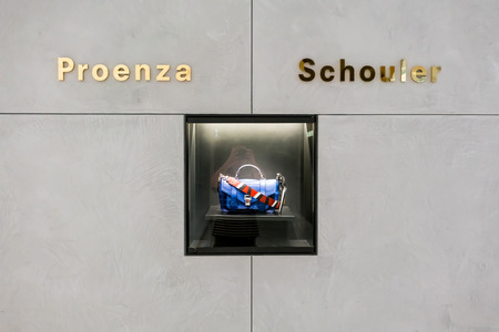 Proenza Schouler shop at Emquatier, Bangkok, Thailand, Sep 2, 2017 : Luxury and fashionable brand visual merchandised idea. New collection of leather handbag display.の写真素材
