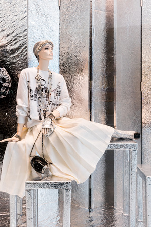 Chanel shop at Emquatier, Bangkok, Thailand, Sep 7, 2017 : Luxury and fashionable brand window display. New Fall collection of black and white clothings and accessories showcase at flagship store. Closed up view.のeditorial素材