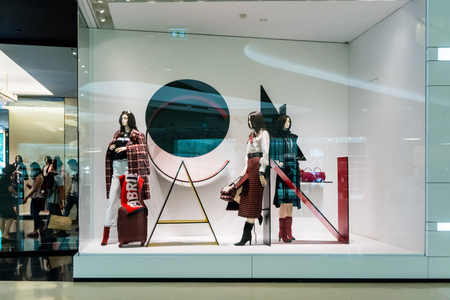 Chanel shop at Emquatier, Bangkok, Thailand, Sep 23, 2017 : Luxury and fashionable brand window display. New Fall collection clothings and accessories showcase at flagship store. Perspective view.のeditorial素材