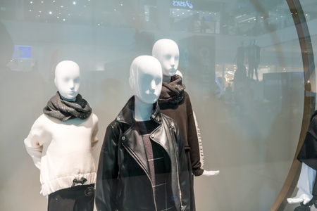 Zara shop at Emquatier, Bangkok, Thailand, Oct 31, 2017 : Luxury and fashionable brand window display in modern style. Closed up mannequin in boutique woman clothings and accessories.のeditorial素材