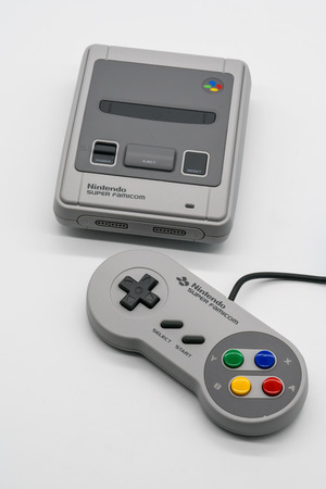 Bangkok, Thailand - Jan 18, 2018: Super Famicom Mini, Vintage game console by Nintendo....