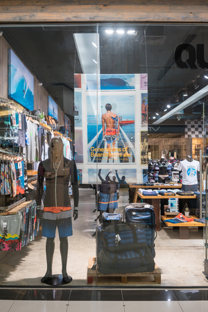 Quicksilver shop at Fashion Island, Bangkok, Thailand, Mar 22, 2018 : Surf clothing and Snowboard outwear. Fashionable brand window display and interior.のeditorial素材