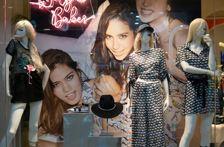 Mynx Babes shop at Mega Bangna, Bangkok, Thailand, Aug 30, 2017 : Fashionable brand window display. Casual woman clothings showcase in modern style in front of the store.のeditorial素材