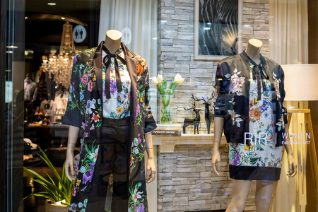 Royal IVY Regatta at Mega Bangna, Bangkok, Thailand, Aug 30, 2017 : Luxury and fashionable brand window display. Fall Winter collection of feminine clothings and accessories display at flagship store.のeditorial素材