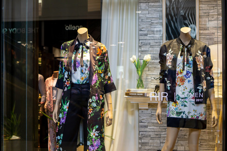 Royal IVY Regatta at Mega Bangna, Bangkok, Thailand, Aug 30, 2017 : Luxury and fashionable brand window display. Fall Winter collection of feminine clothings and accessories display at flagship store.のeditorial素材