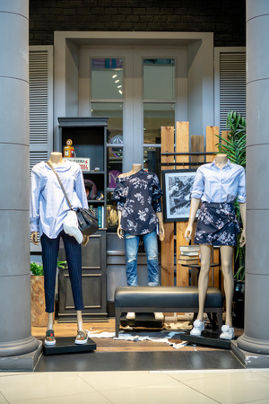 AE American Eagle shop at Mega Bangna, Bangkok, Thailand, Aug 30, 2017 :  American clothing and accessories retailer. Casual clothings and accessories model display along walkway.のeditorial素材