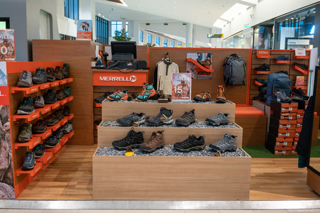 Merrel shop at Mega Bangna, Bangkok, Thailand, Apr 8, 2018 : Outdoor footwear and apparel at pop up store.のeditorial素材