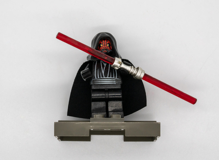 Bangkok, Thailand, Apr 28, 2018 : Darth Maul minifigure isolated on white background. Star Wars character collection by Lego.のeditorial素材