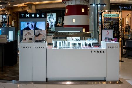 THREE at Terminal 21, Bangkok, Thailand, May 7, 2018 : Natural skincare store with variety products on display in modern styleのeditorial素材