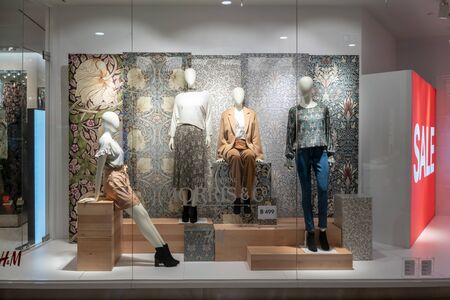 H&M shop at Emquatier, Bangkok, Thailand, Oct 15, 2018 : Unique H&M clothing with Morris & Co collaboration  window display for autumn collection.のeditorial素材