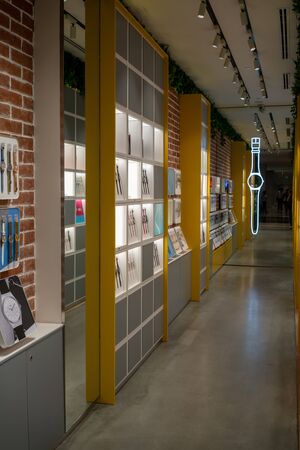 Swatch shop at Central World, Bangkok, Thailand, Sep 2, 2018 : Watch brand display and interior decoration at the store.のeditorial素材