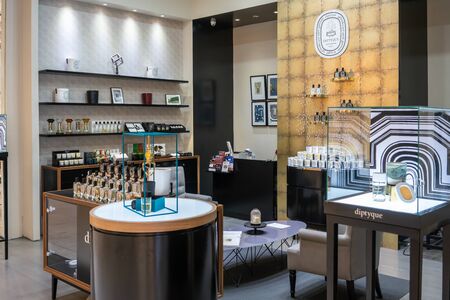Diptyque shop at Emquatier, Bangkok, Thailand, Oct 15, 2018 : French fragrance products display in luxury modern style at shopping mall.のeditorial素材