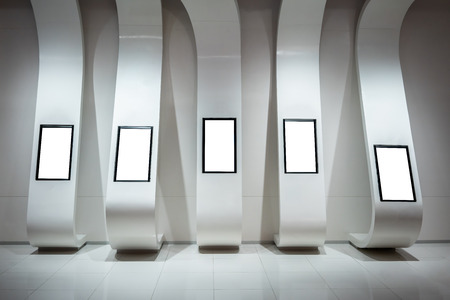 Touch blank screen with modern curve stand against white background. Modern interactive kioskの写真素材