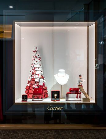 Catier shop at Emquartier, Bangkok, Thailand, Dec 31, 2018 : Luxury and fashionable watch brand window display at the store.のeditorial素材