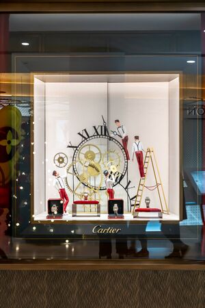Catier shop at Emquartier, Bangkok, Thailand, Dec 31, 2018 : Luxury and fashionable watch brand window display at the store.のeditorial素材