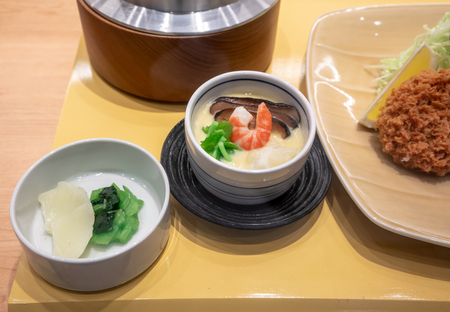 Artificial food model, Steamed eggs topped with shrimp and shitake mushroom in Japanese style for display.の写真素材