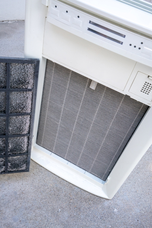 Closed up dirty high performance HEPA filter of air purifier.の写真素材