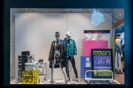 Diesel shop at Emquatier, Bangkok, Thailand, Feb 3, 2019 : Luxury and fashionable brand window display. New collection of casual clothings and bags.のeditorial素材