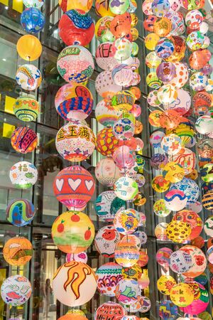Emquatier, Bangkok, Thailand, Feb 3, 2019 : Lunar new year decoration with strings of colorful hand drawn lanterns hanging from ceiling to celebrate Chinese new year.のeditorial素材
