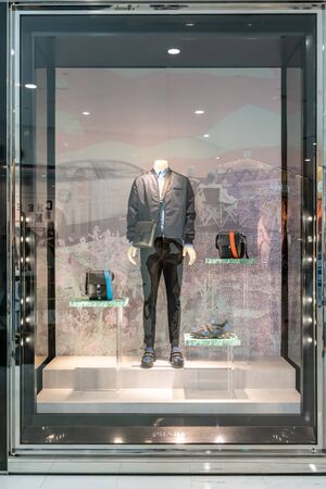 Prada shop at Emquatier, Bangkok, Thailand, Feb 3, 2019 : Luxury and fashionable brand of leather bags. Window display at flagship store.のeditorial素材