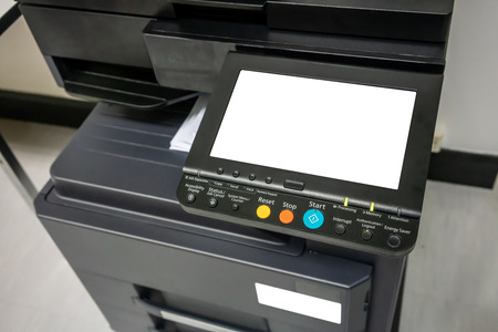 Panel of printer, printer scanner laser office copy machine supplies start concept.