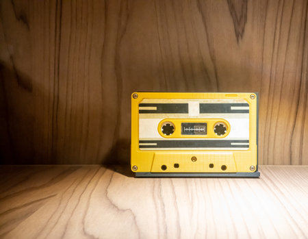 close up of old and dirty vintage audio tape cassette in yellow plastic case on wooden background.の写真素材