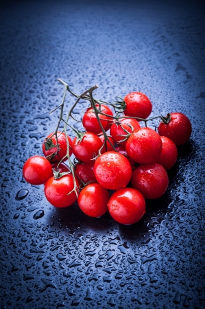 Cherry tomatoes after rain on blueの写真素材