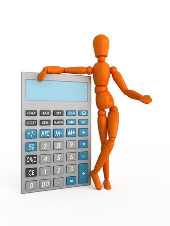 Orange mannequin with the calculator. Isolated.の写真素材