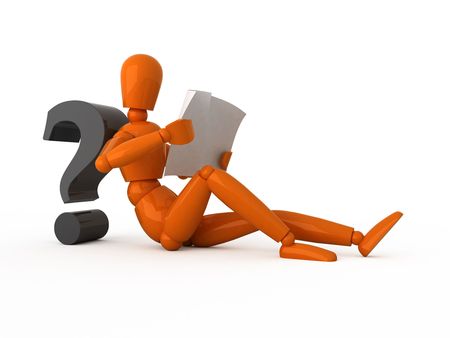 Orange mannequin and black question-mark. Isolated.の写真素材