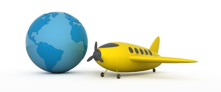 Blue globe and yellow ariplane on white background.の写真素材