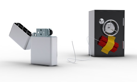 Zippo lighter, safe and dynamite on white backgroundの写真素材
