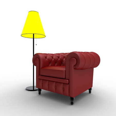 Stand lamp and a red leather armchair.の写真素材