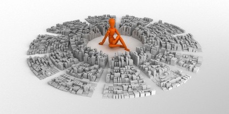 Orange mannequin and abstract city.の写真素材