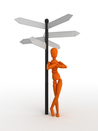 Orange mannequin and direction signs.の写真素材