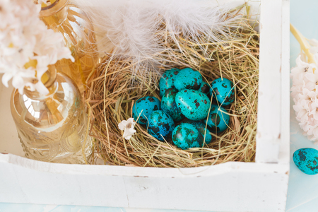 Painted Easter blue quail eggs in a nest and flowers in a white wooden box. Space for text. Festive light Easter decoration. Easter Festival concept.の写真素材