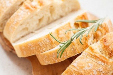 Fresh ciabatta on a light background, macroの写真素材
