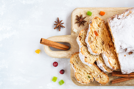 Christmas stollen, light background. Traditional German festive baking.の写真素材