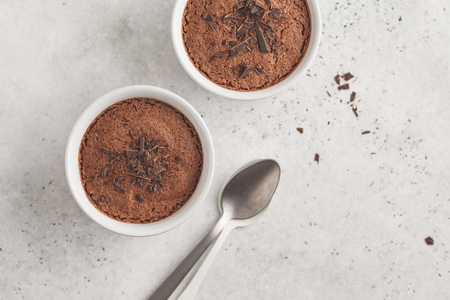 Chocolate mousse (souffle) from aquafaba. Vegan chickpea dessert. Clean eating concept.の写真素材