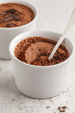 Chocolate mousse (souffle) from aquafaba. Vegan chickpea dessert. Clean eating concept.の写真素材