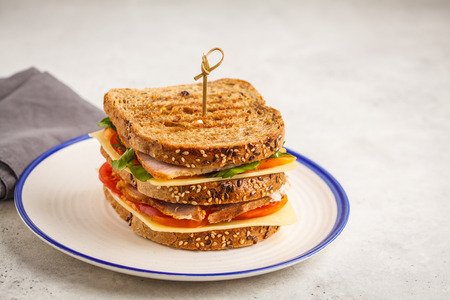 Ham, vegetables and cheese sandwiches on white plate, white background.の写真素材
