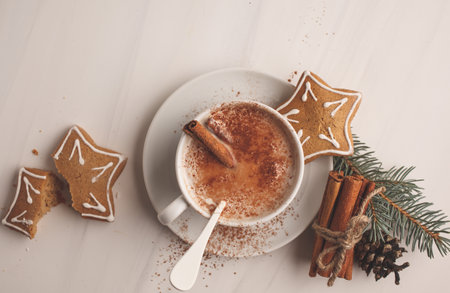 Christmas cocoa cup on a white table, top view.の写真素材