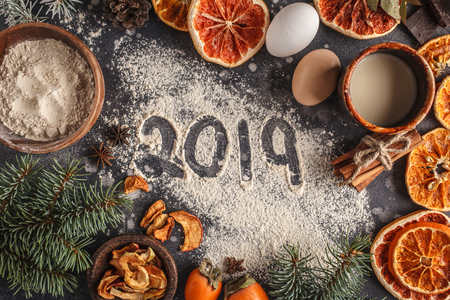 Christmas decorations background. Christmas food flat lay, top view, space for text.の写真素材