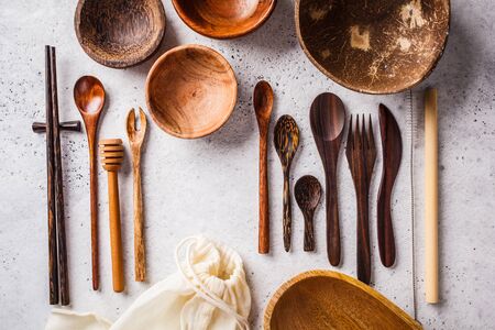 Eco friendly bamboo cutlery and dishes, white background, zero waste concept. Plastic free concept.の写真素材