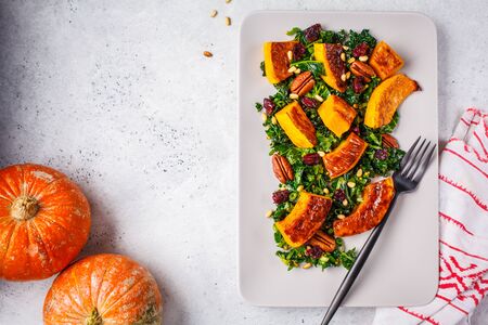 Pumpkin salad with nuts, cranberries and kale in rectangular plate.の写真素材
